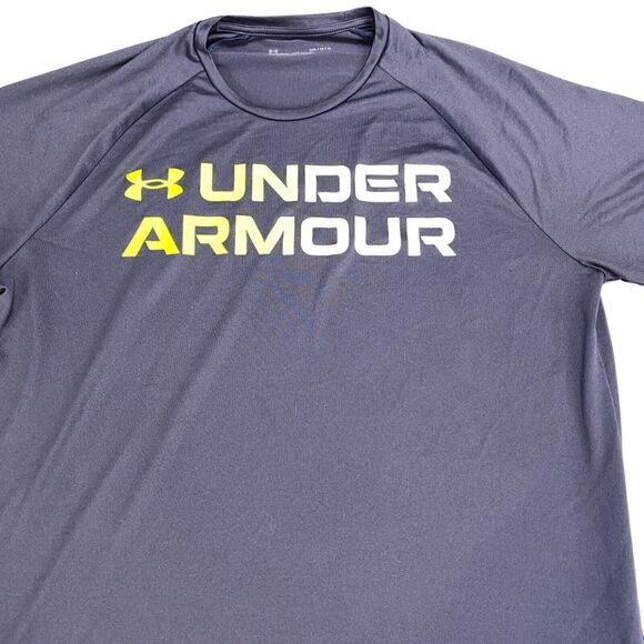 Under armour Tee Shirt Mens Medium Navy Spell Out Logo Short Sleeve Crew Neck - Picture 11 of 15